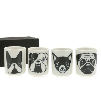 Tea Cup Set, 4 White & Black Dog Faces